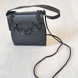 Sasha NY black satin evening bag vintage beaded clutch purse handle Strap 00s